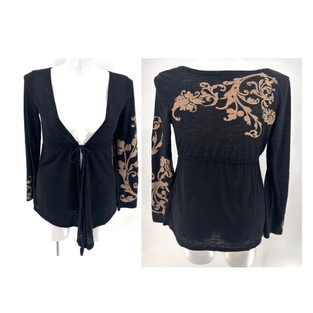 HERA U.S.A. BLACK W/TAN STITCHING DRAWSTRING WAIST CARDI TOP - MEDIUM